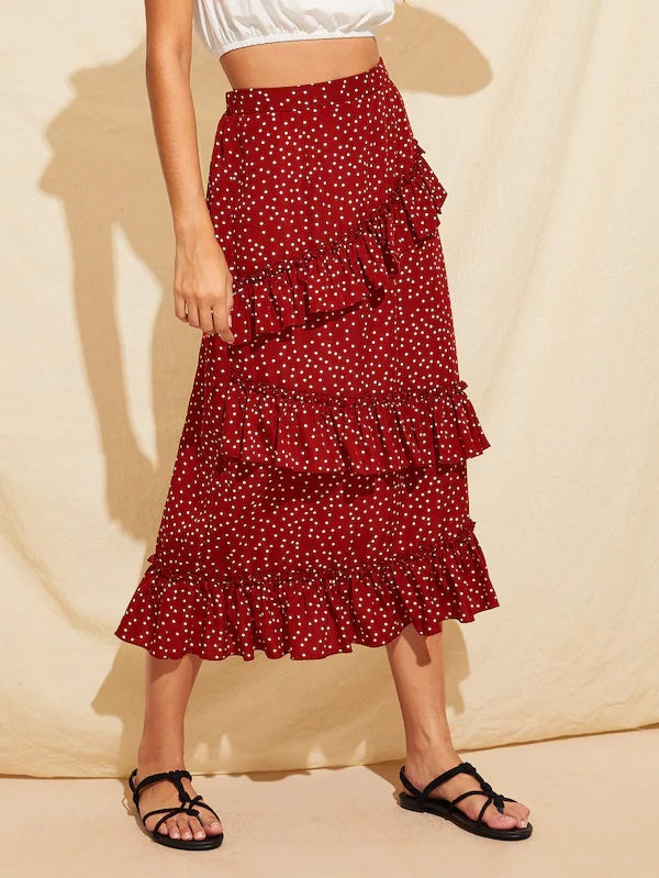 CM-BS325006 Women Casual Seoul Style Mid Waist Ruffle Trim Polka Dot Skirt - Wine Red