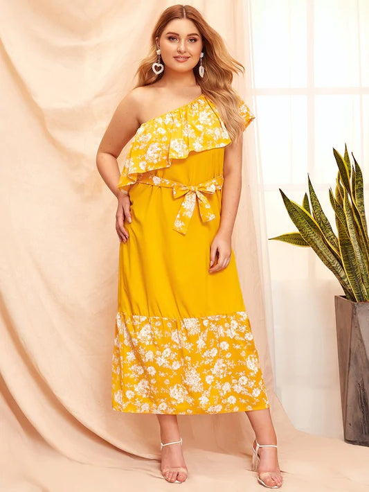 CM-DP408202 Plus Size Casual Seoul Style One Shoulder Floral Print Ruffle Dress - Yellow