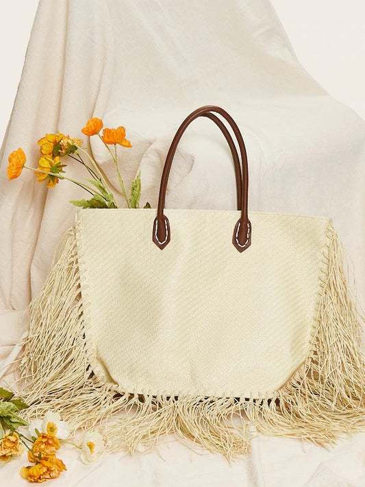 CM-BGS213702 Women Casual Bohemian Style Tassel Hem Tote Bag - Beige