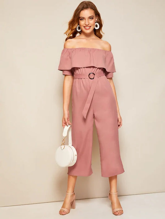 CM-JS318400 Women Elegant Seoul Style Off Shoulder Ruffle Trim Belted Jumpsuit - Pink