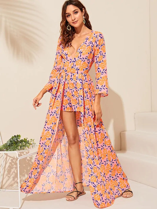CM-JS403164 Women Casual Seoul Style Plunge Neck Floral Print Maxi Romper