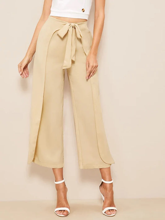 CM-BS314455 Women Vintage Seoul Style Zip Back Tie Waist Wrap Crop Pants - Apricot