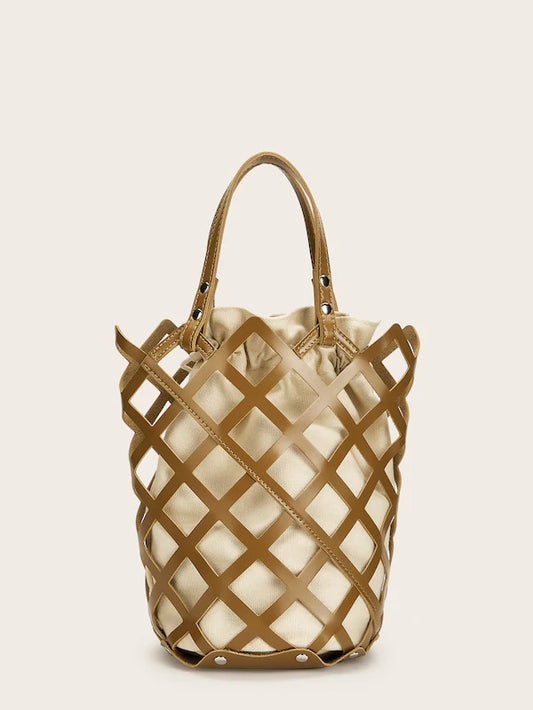 CM-BGS404701 Women Trendy Caged Satchel Bag With Inner Drawstring Bag - Brown