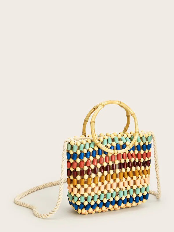 CM-BGS405701 Women Elegant Seoul Style Double Handle Beaded Color-Block Tote Bag