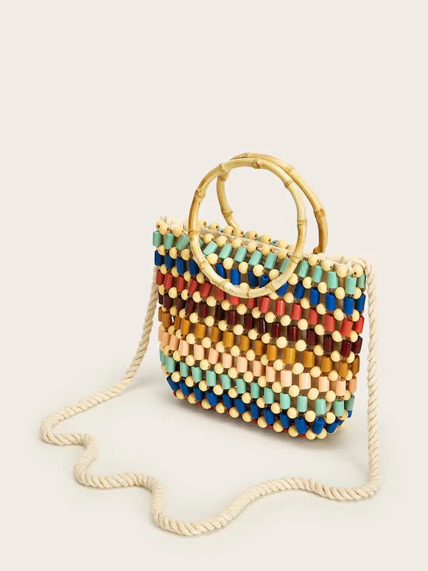 CM-BGS405701 Women Elegant Seoul Style Double Handle Beaded Color-Block Tote Bag