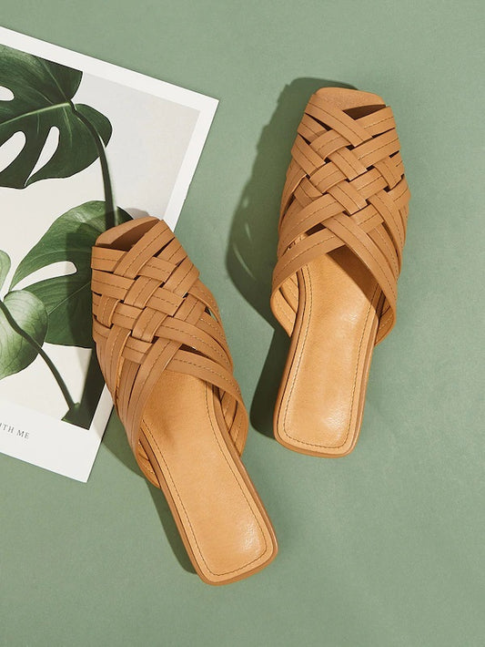 CM-SHS404704 Women Casual Seoul Style Plaited Peep Toe Flat Mules - Brown