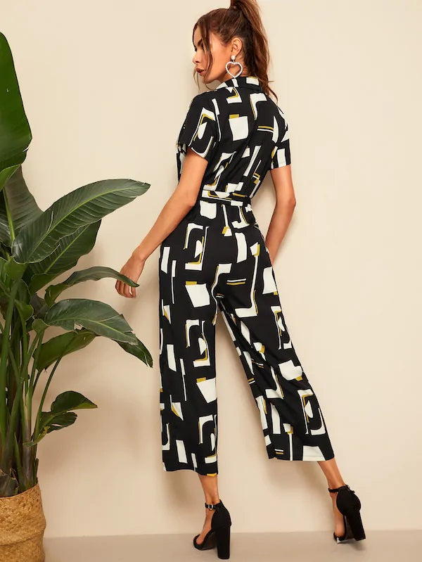 CM-JS410951 Women Casual Seoul Style Geometric Print Belted Notched Collar Jumpsuit
