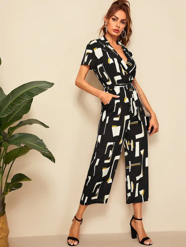 CM-JS410951 Women Casual Seoul Style Geometric Print Belted Notched Collar Jumpsuit