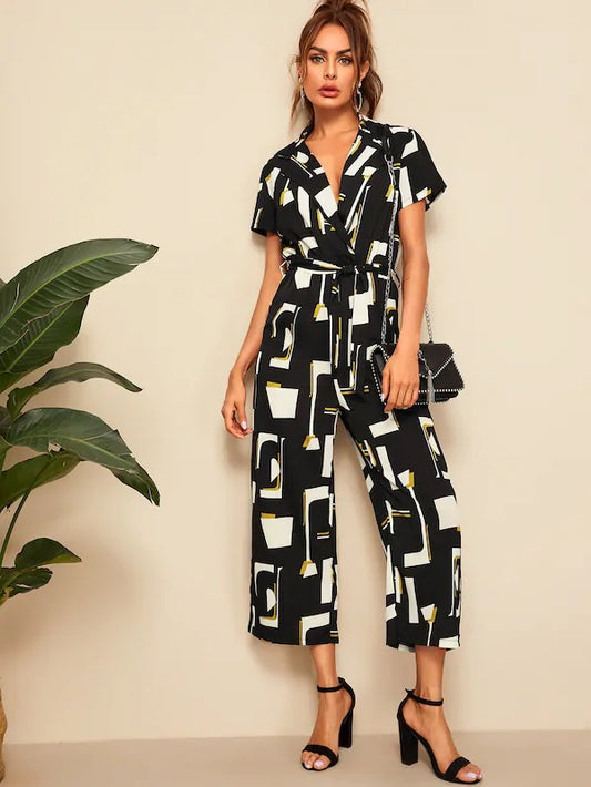 CM-JS410951 Women Casual Seoul Style Geometric Print Belted Notched Collar Jumpsuit