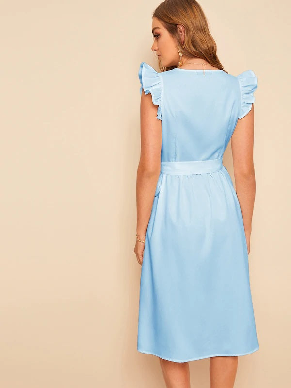 CM-DS410437 Women Elegant Seoul Style Ruffle Armhole Belted Surplice Wrap Dress - Blue