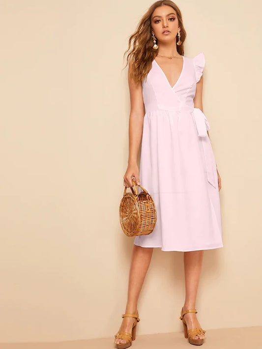 CM-DS410438 Women Elegant Seoul Style Ruffle Armhole Belted Surplice Wrap Dress - Pink