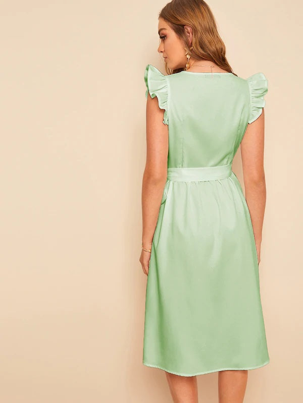 CM-DS410439 Women Elegant Seoul Style Ruffle Armhole Belted Surplice Wrap Dress - Green