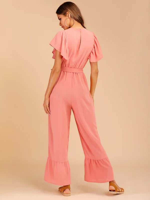 CM-JS412252 Women Casual Seoul Style Surplice Belted Flare Leg Jumpsuit - Pink