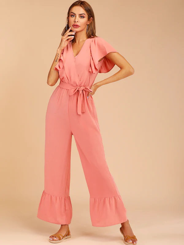 CM-JS412252 Women Casual Seoul Style Surplice Belted Flare Leg Jumpsuit - Pink