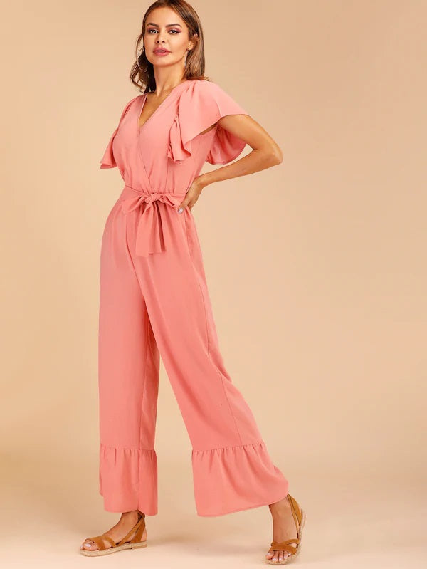 CM-JS412252 Women Casual Seoul Style Surplice Belted Flare Leg Jumpsuit - Pink