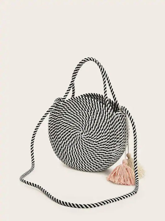 CM-BGS327736 Wpmen Casual Bohemian Style Tassel Detail Striped Satchel Bag - Black