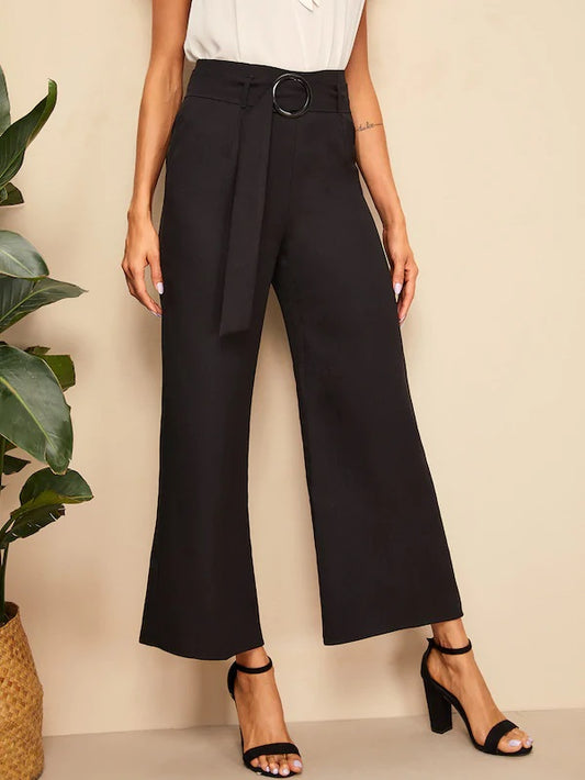 CM-BS320455 Women Casual Seoul Style Buckle Belt Detail Wide Leg Loose Pants - Black