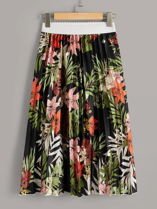 CM-BS313051 Women Trendy Seoul Style High Waist Floral Print Panel Pleated Skirt