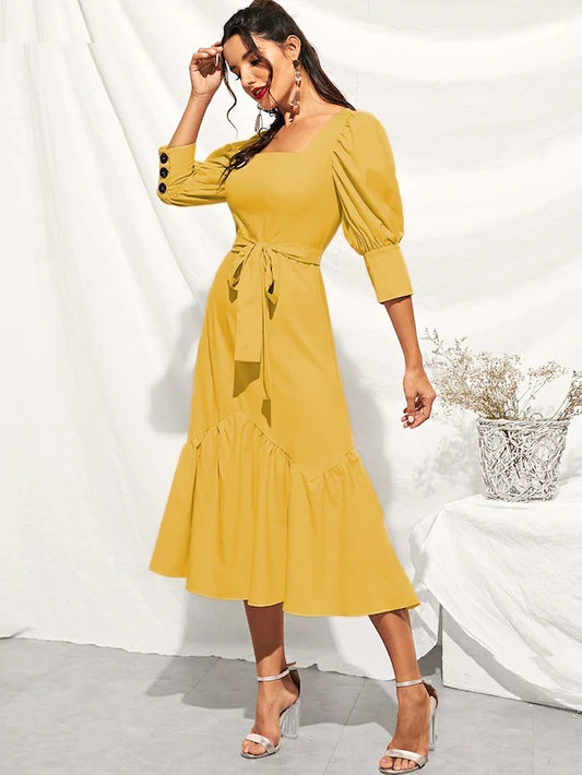 CM-DS318831 Women Elegant Vintage Style Buttoned Cuff Flounce Hem Self Dress With Belt - Yellow