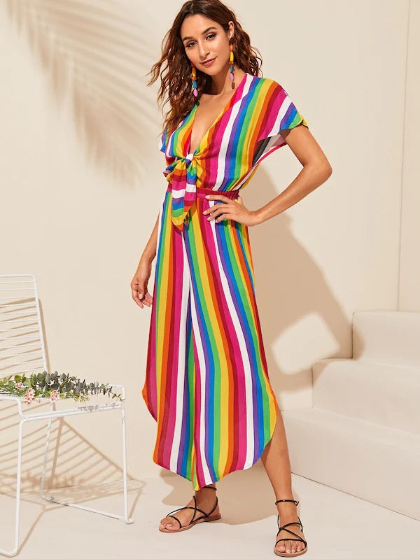 CM-JS409991 Women Casual Seoul Style Colorful Striped Curved Hem Knotted Front Jumpsuit
