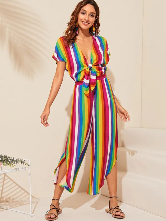 CM-JS409991 Women Casual Seoul Style Colorful Striped Curved Hem Knotted Front Jumpsuit