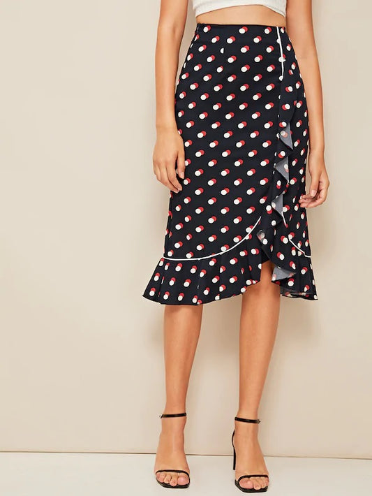 CM-BS313771 Women Casual Seoul Style Polka-Dot Ruffle Hem Wrap Knotted Skirt - Navy Blue