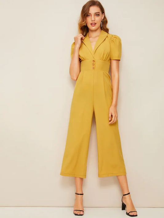 CM-JS320456 Women Casual Vintage Style Notch Collar Wide Band Waist Jumpsuit - Yellow
