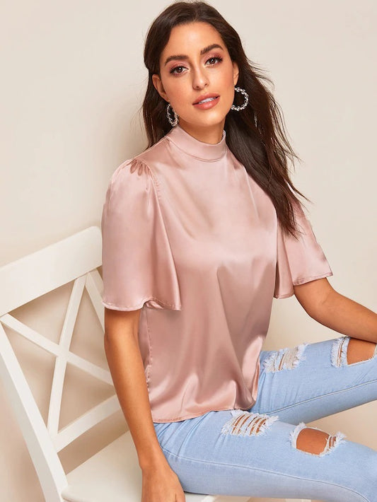 CM-TS305120 Women Casual Seoul Style Mock-Neck Flutter Sleeve Satin Top - Pink