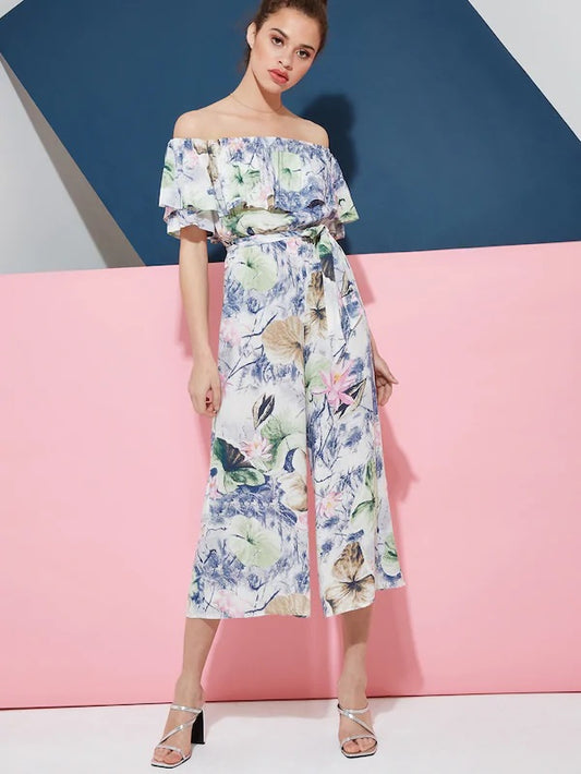 CM-JS401956 Women Casual Seoul Style Off The Shoulder Floral Wide Leg Jumpsuit