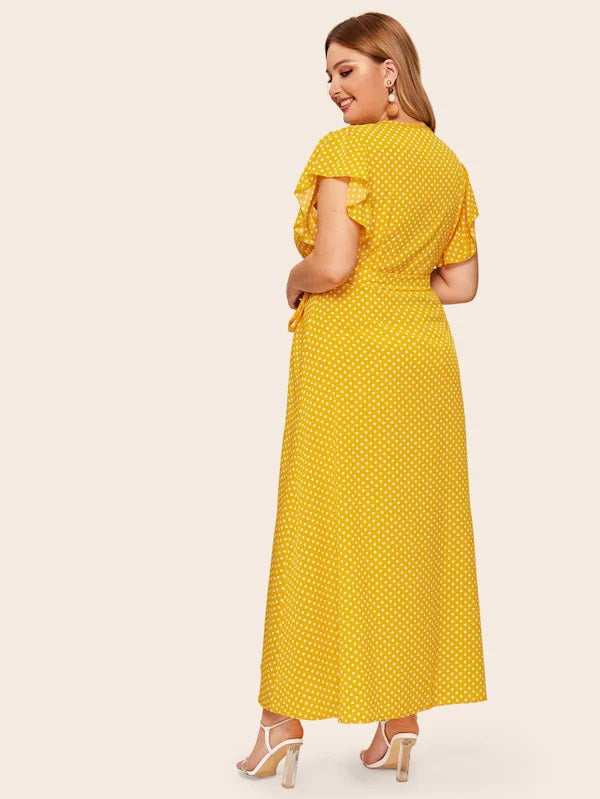 CM-DP416204 Plus Size Casual Seoul Style Polka Dot Self Tie Dress - Yellow