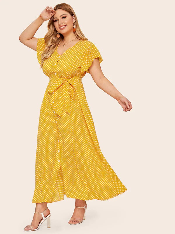 CM-DP416204 Plus Size Casual Seoul Style Polka Dot Self Tie Dress - Yellow