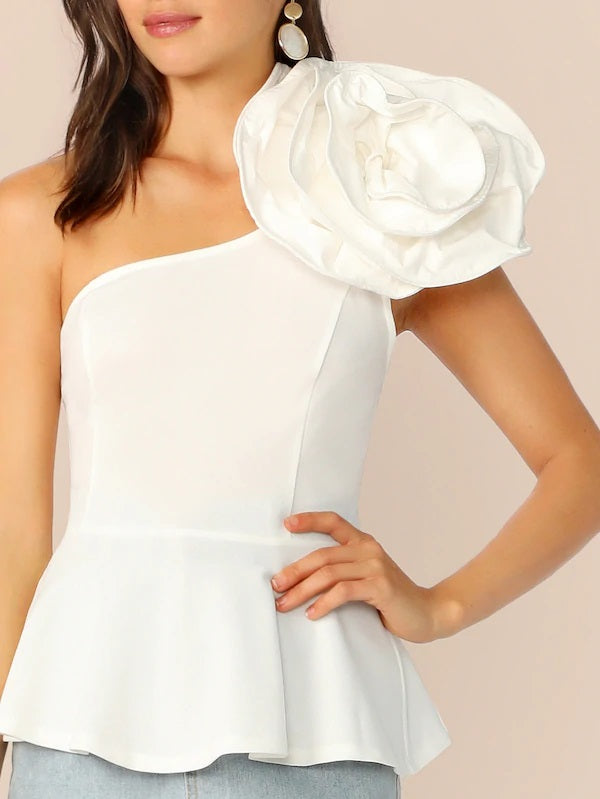 CM-TS401549 Women Elegant Seoul Style One Shoulder Applique Peplum Top - White