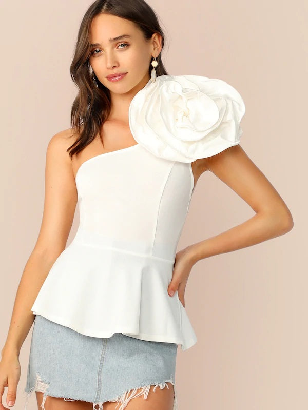 CM-TS401549 Women Elegant Seoul Style One Shoulder Applique Peplum Top - White