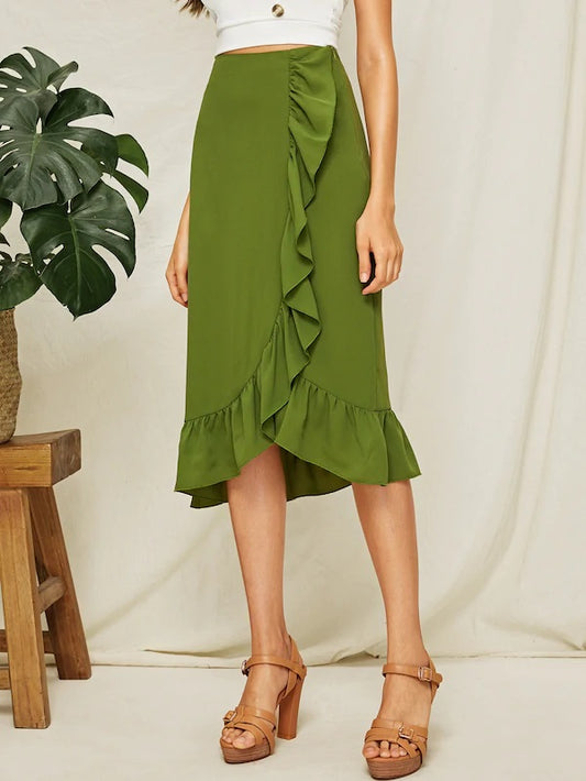 CM-BS318441 Women Casual Seoul Style Mid Waist Ruffle Trim Wrap Pencil Skirt - Green