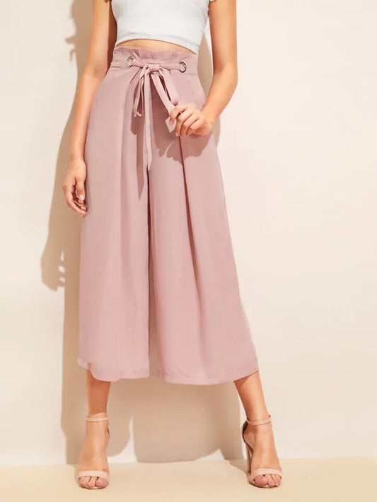 CM-BS319447 Women Casual European Style Knot Waist Fold Pleat Wide Leg Pants - Pink