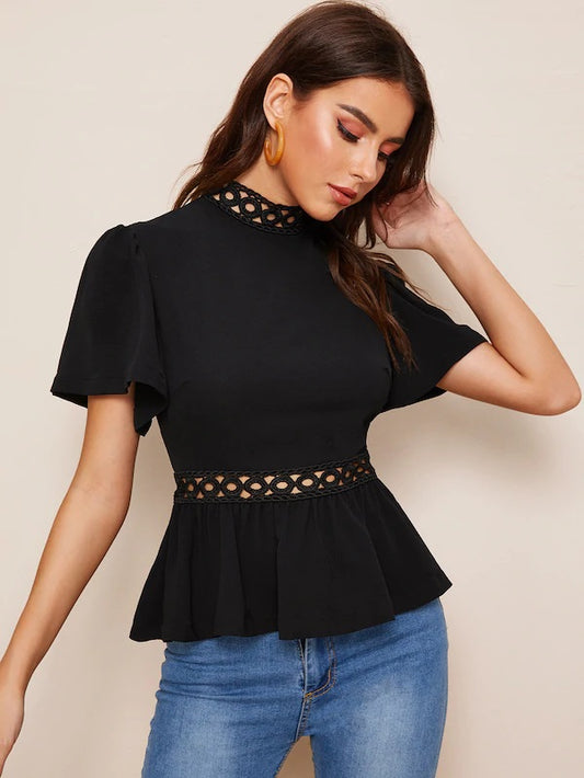 CM-TS326108 Women Casual Seoul Style Guipure Lace Panel Textured Peplum Blouse - Black