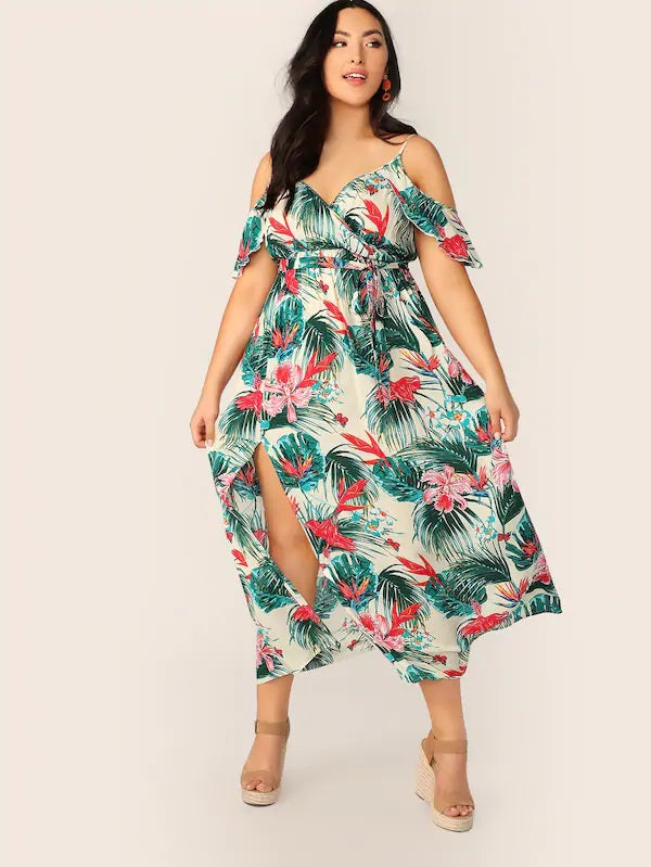 CM-DP326449 Plus Size Casual Cold Shoulder Ruffle Trim Wrap Belted Split Thigh Dress