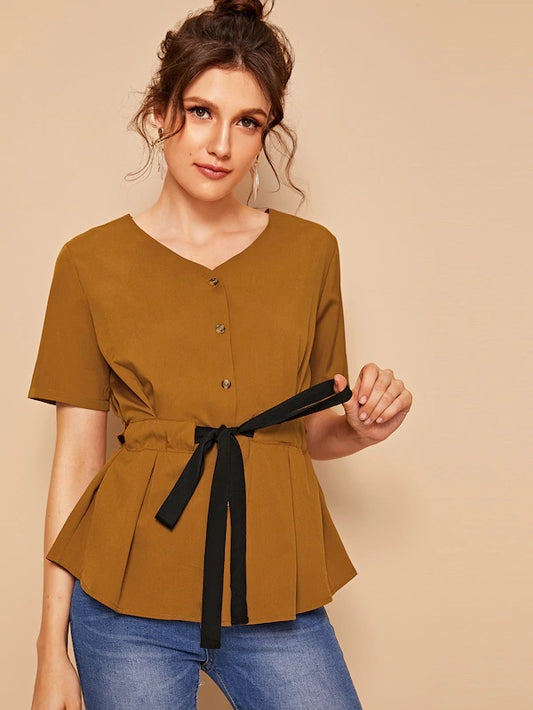 CM-TS418259 Women Casual Seoul Style Drawstring Waist Button Front Blouse - Brown