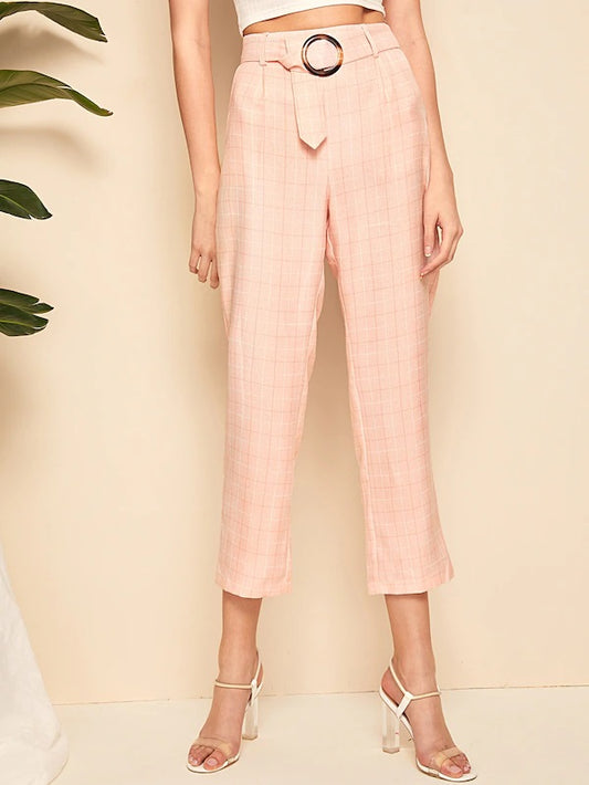 CM-BS408422 Women Casual Seoul Style High Waist Ring Belted Plaid Cigarette Pants - Pink