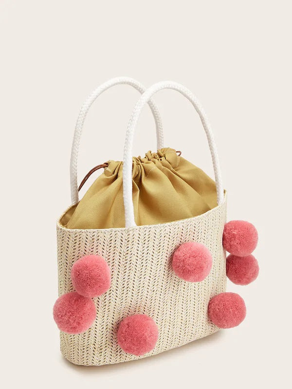 CM-BGS417559 Women Casual Bohemian Style Pom Pom Decor Shoulder And Tote Bag - Beige