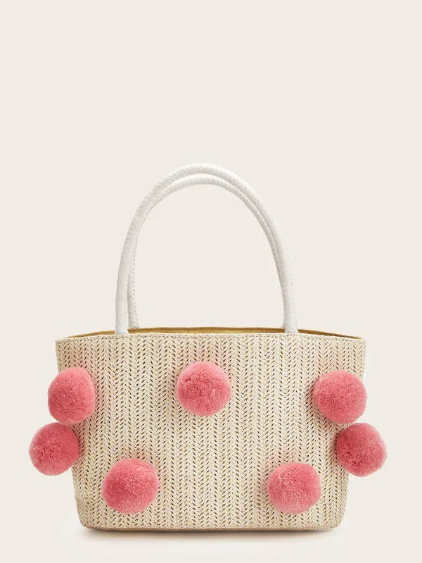 CM-BGS417559 Women Casual Bohemian Style Pom Pom Decor Shoulder And Tote Bag - Beige