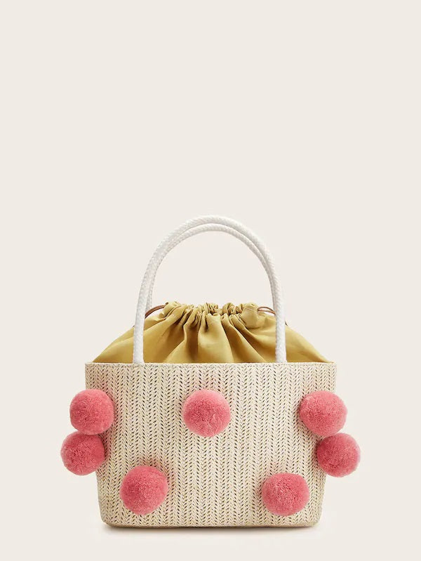 CM-BGS417559 Women Casual Bohemian Style Pom Pom Decor Shoulder And Tote Bag - Beige