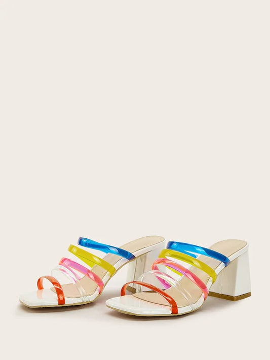 CM-SHS418922 Women Trendy Seoul Style Colorful Strappy Chunky Heeled Mules - White