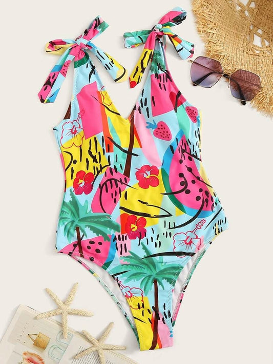 CM-SWS422833 Women Trendy Seoul Style Graphic Print Tie Shoulder One Piece Swimsuit