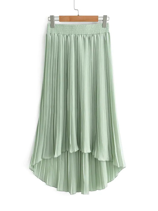 CM-BS419157 Women Casual Seoul Style Elastic Waist Pleated Dip Hem Skirt - Green