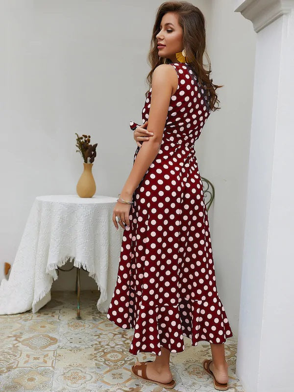 CM-DS423252 Women Casua Seoul Syle Polka Dot Ruffle Hem Knot Side Wrap Dress - Wine Red