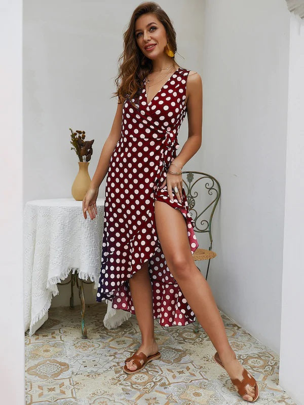 CM-DS423252 Women Casua Seoul Syle Polka Dot Ruffle Hem Knot Side Wrap Dress - Wine Red