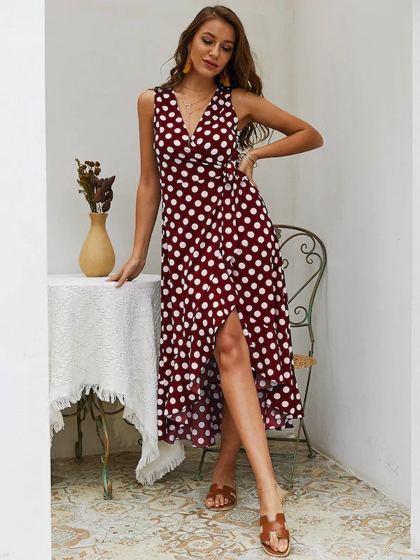 CM-DS423252 Women Casua Seoul Syle Polka Dot Ruffle Hem Knot Side Wrap Dress - Wine Red