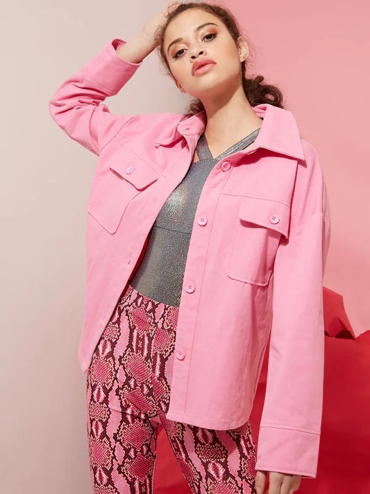 CM-CS410056 Women Trendy Seoul Style Long Sleeve Single-Breasted Trucker Jacket - Pink