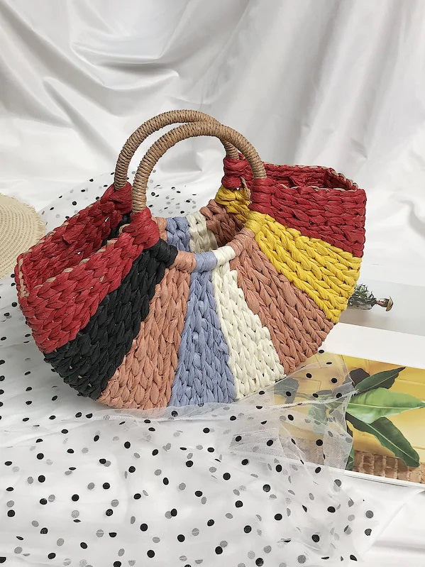 CM-BGS423451 Women Trendy Bohemian Style Colorful Woven Detail Tote Bag